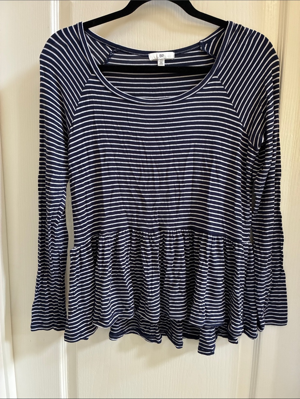 FUN-FLATTERING-FLIRTY bp Navy & White Striped Long-Sleeve Peplum Top Sz S